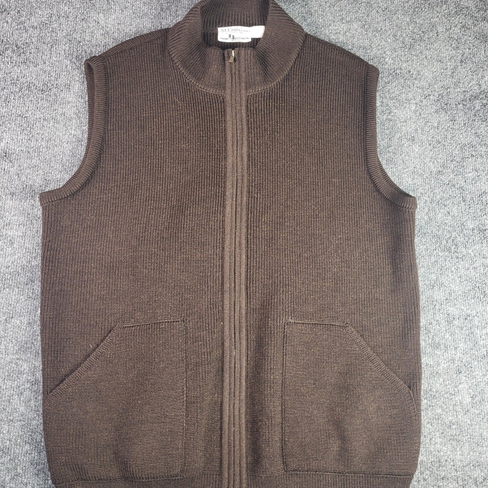 St. Croix Knits Brown 100% Wool Full Zip Sweater Vest Mens Large Made in USA